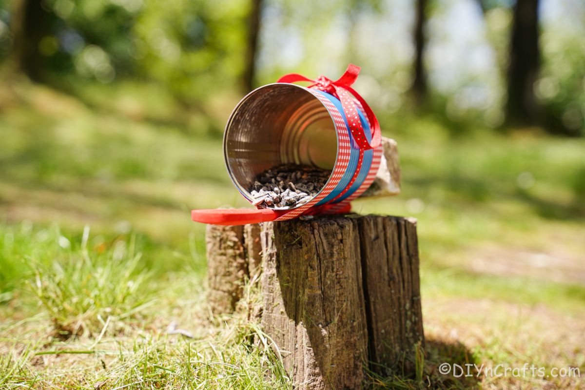 canned bird feeder with wooden spoon on stump