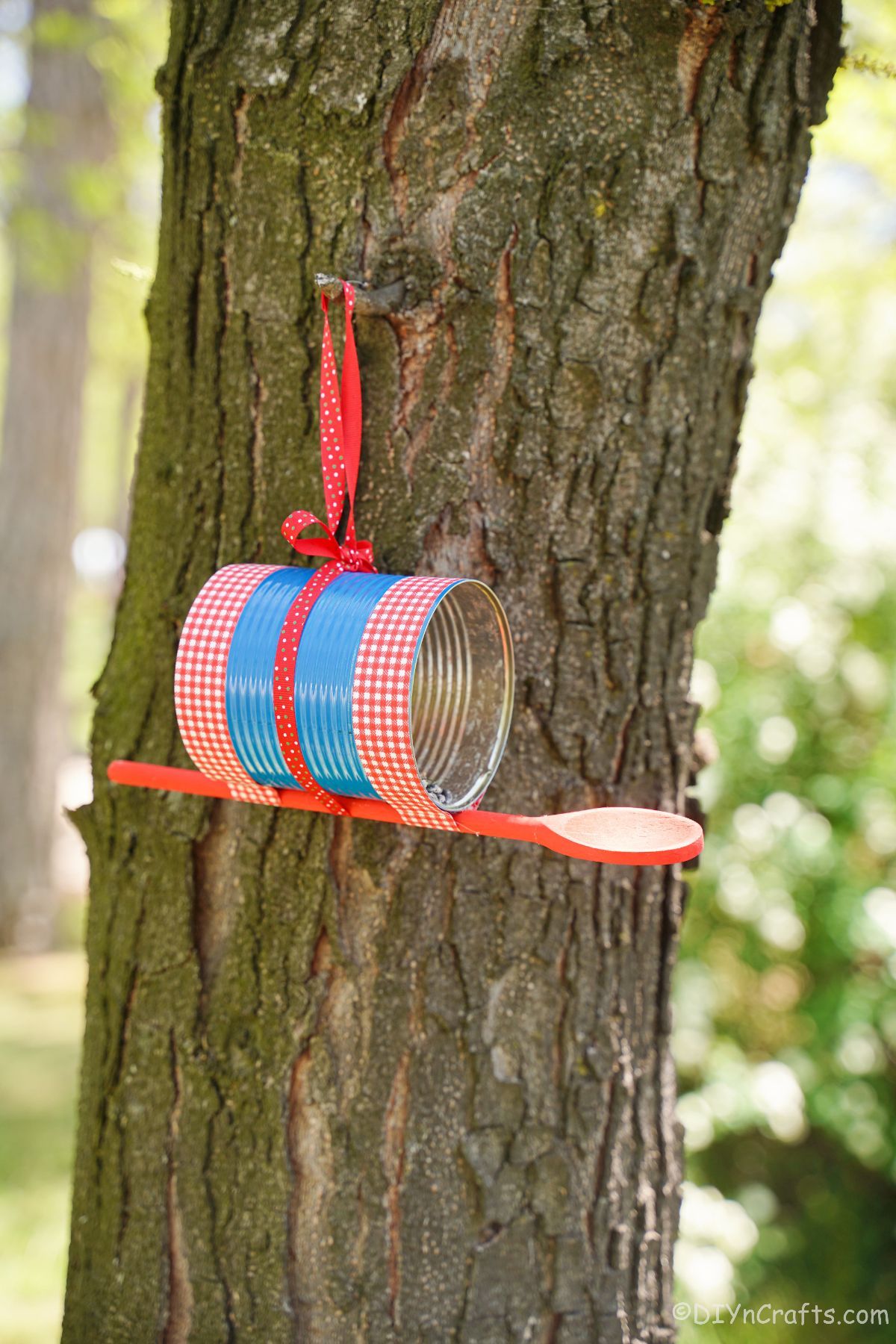 tin bird feeder in blue and red hanging on a tree branch