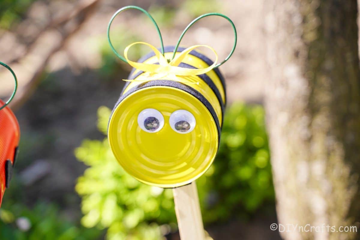close up of bumble bee garden stake
