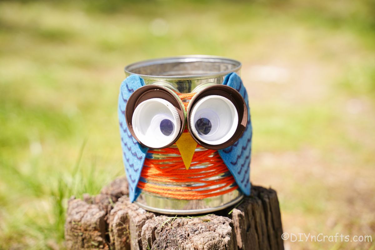 tin can owl with blue wings on stump