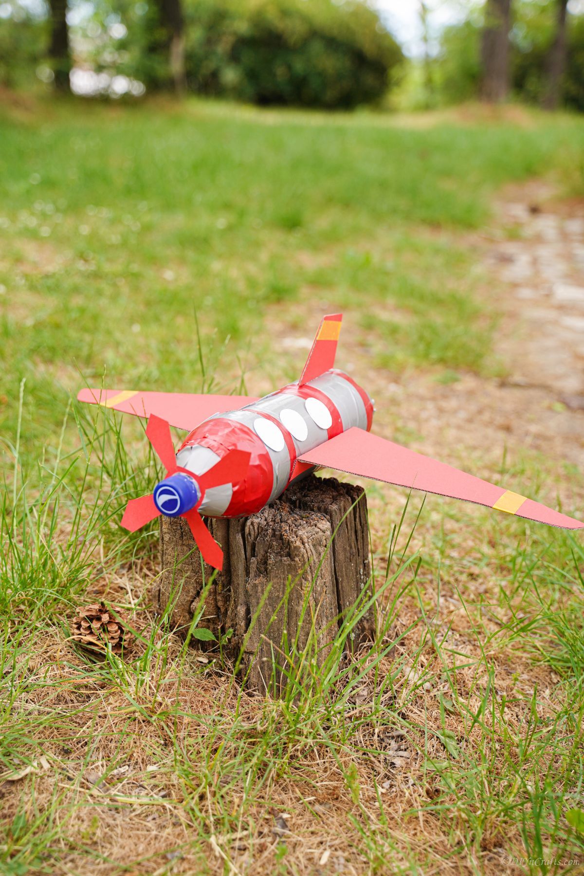 red plastic bottle airplane on stump