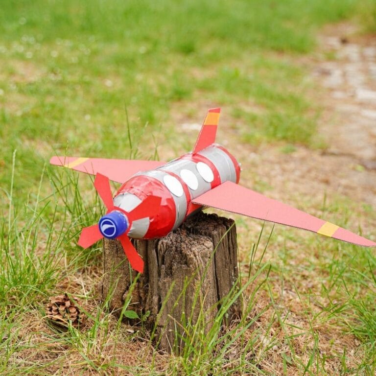 red plastic bottle airplane on stump