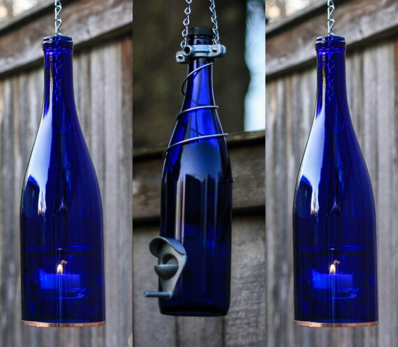 Hanging Candle Holder and Birdfeeder Set Made From Cobalt Blue | Etsy
