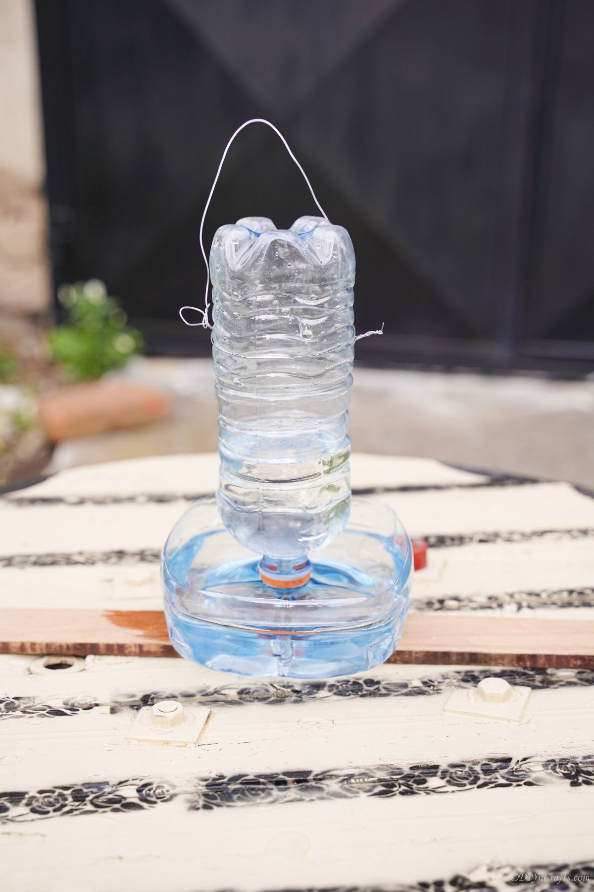 full water bottle bird feeder on table