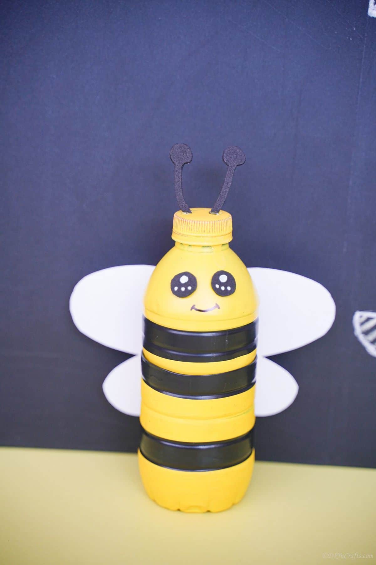 plastic bottle bee against chalkboard