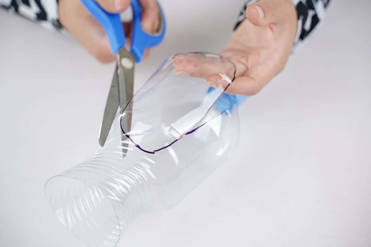 blue scissors cutting plastic bottle