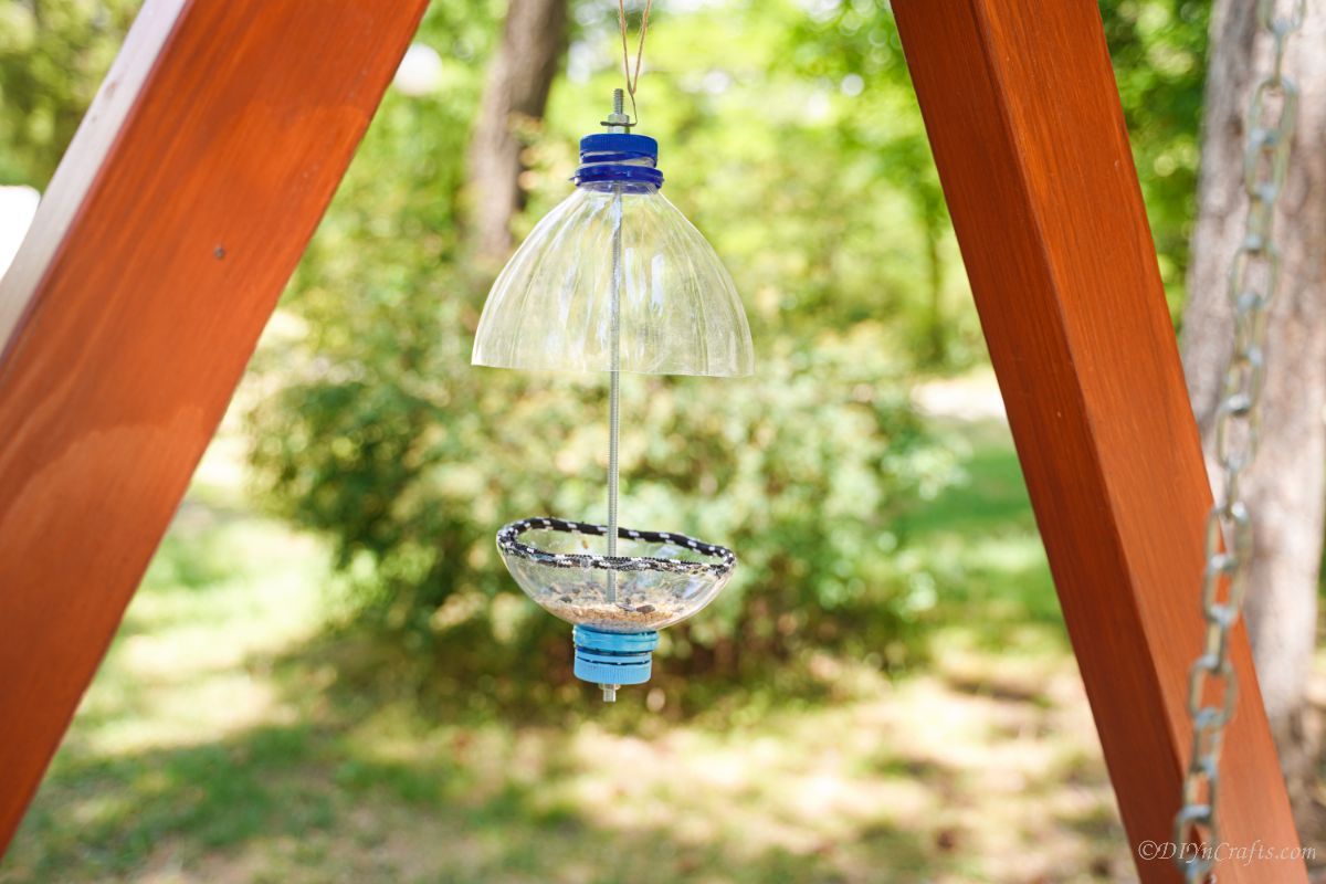 plastic bottle bird feeder hanging under swingset