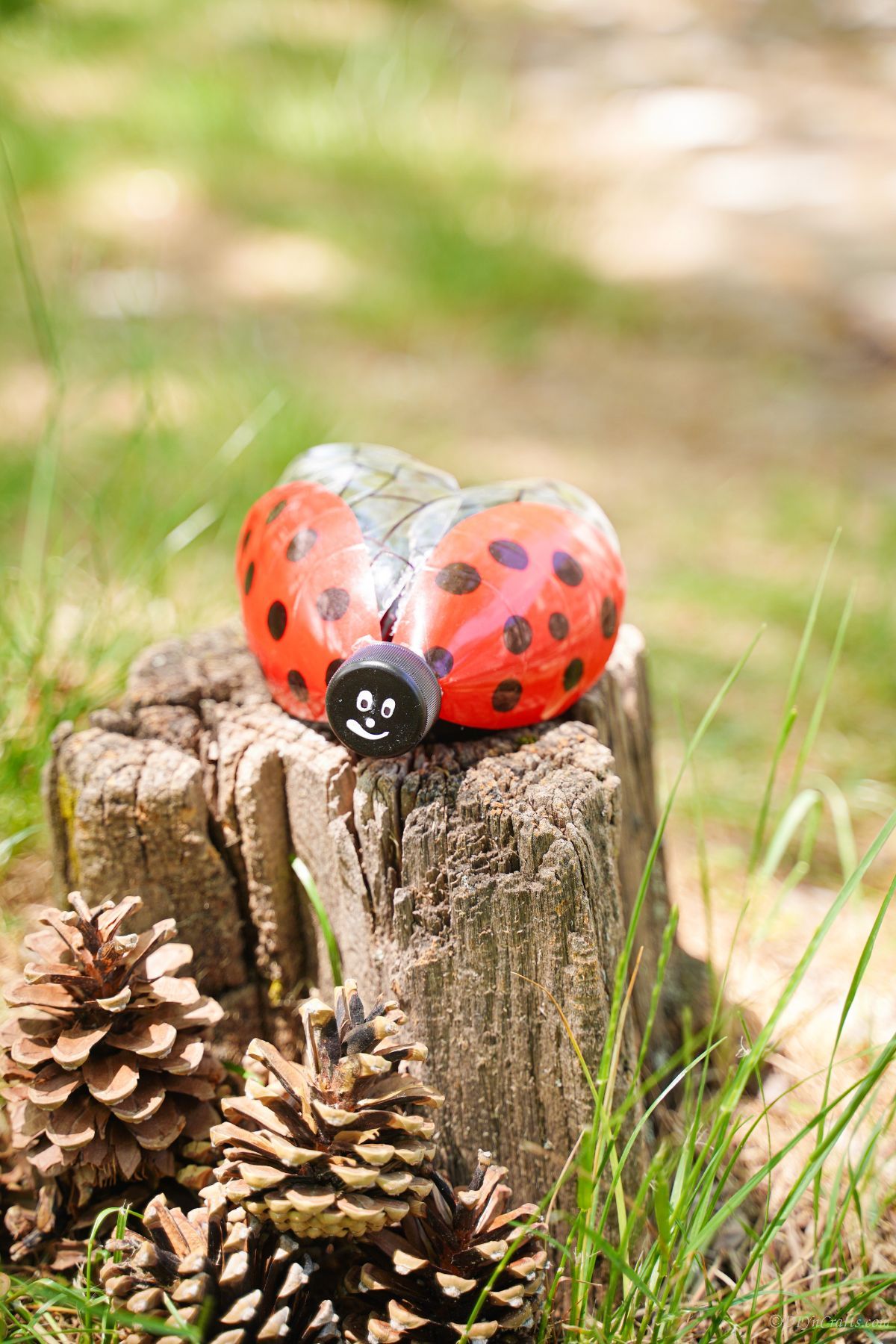 painted ladybug decoration on a tree stump
