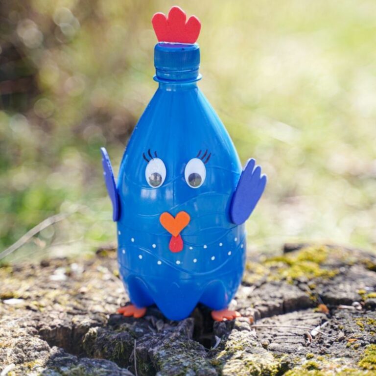 plastic bottle blue turkey on tree stump