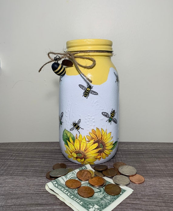 Bee Sunflower Bank Jar Piggy Bank Mason Jar Decoupage Jar | Etsy