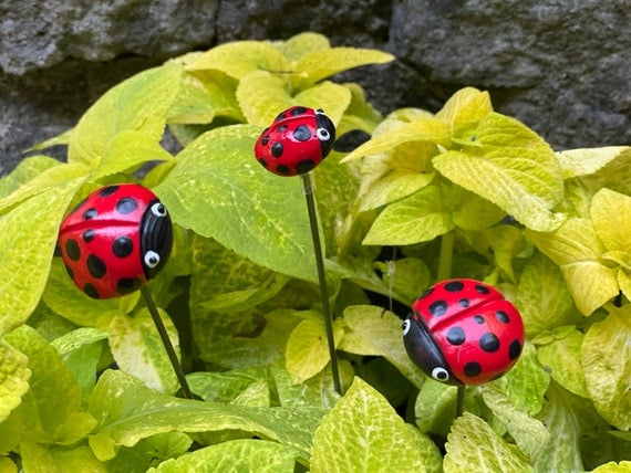 3 Ceramic Ladybug Garden Stakes Garden Stakespotted Plants | Etsy