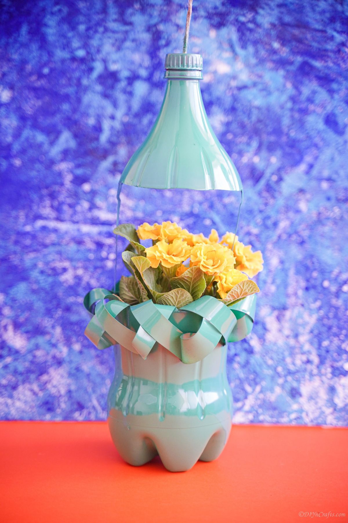 green bottle flower planter in front of blue background