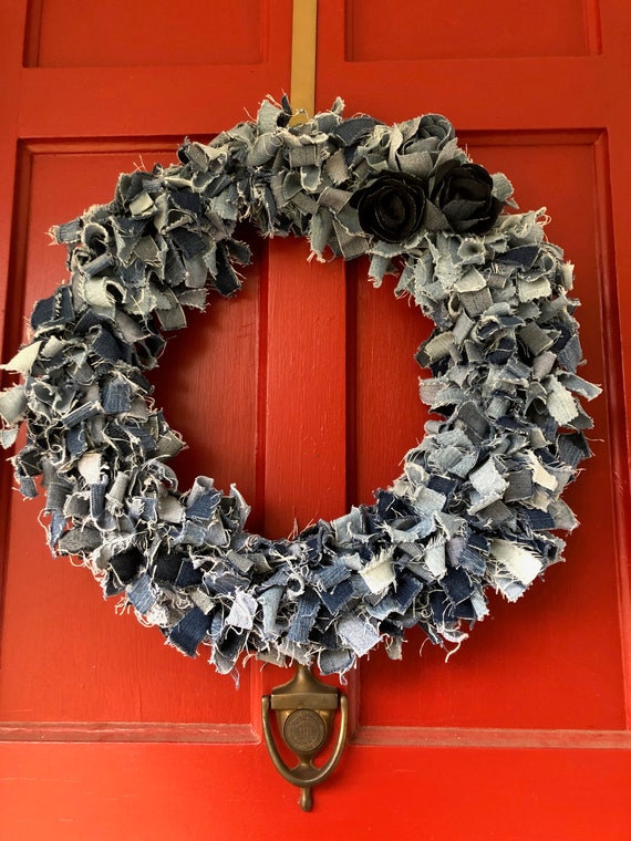 Denim Wreath for Front Door Denim Rag Wreath Recycled Denim - Etsy