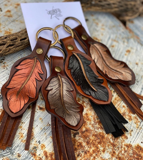 Feather Leather Keychain - Etsy