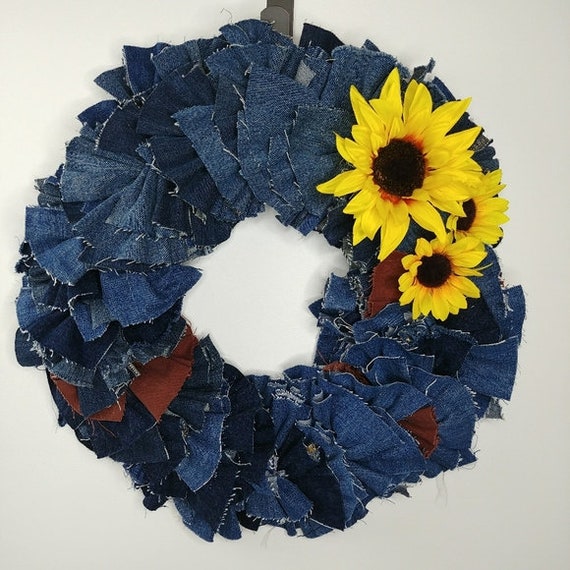 Denim Sunflower Wreath Indoor Decor Upcycled Jeans Autumn - Etsy