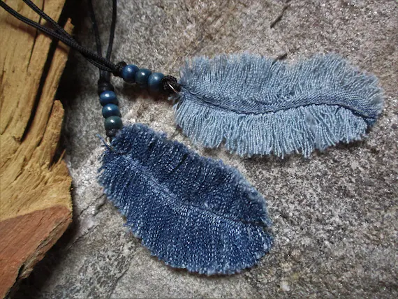 Feather of Denim Fabric Decoration Keychain Blue With Wooden - Etsy