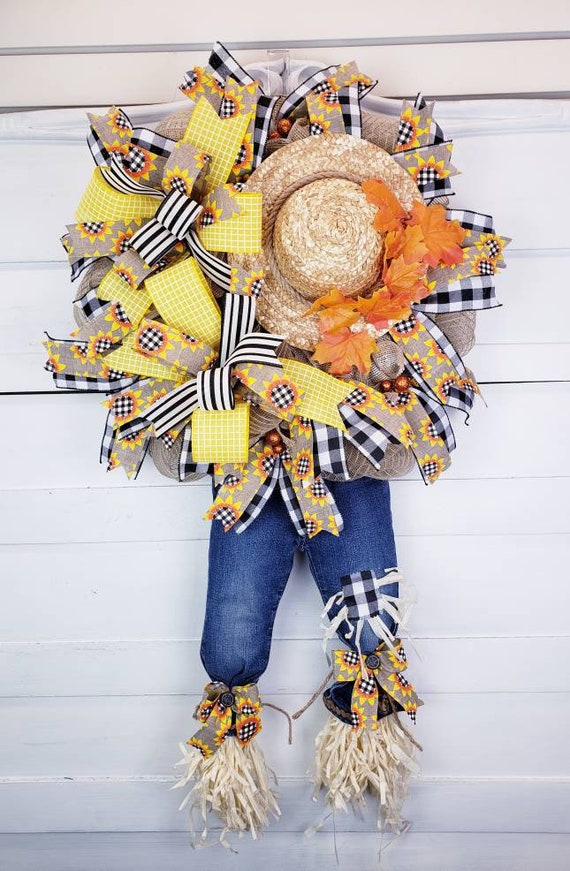Scarecrow Wreath for Fall Autumn Front Door D�cor Blue Jean - Etsy