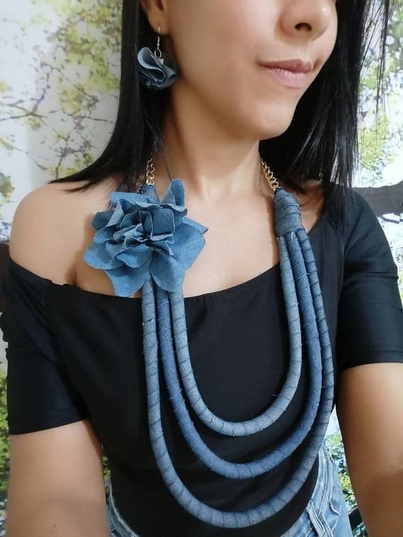Denim Necklace With Flower - Etsy