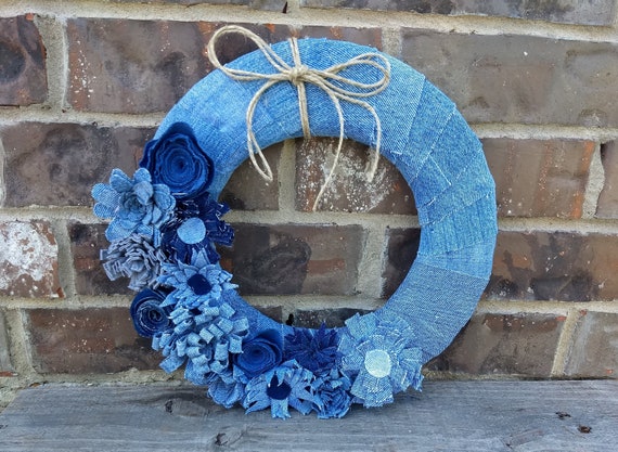 Recycled Denim Flower Wreath All Season Rustic Wrapped Door - Etsy
