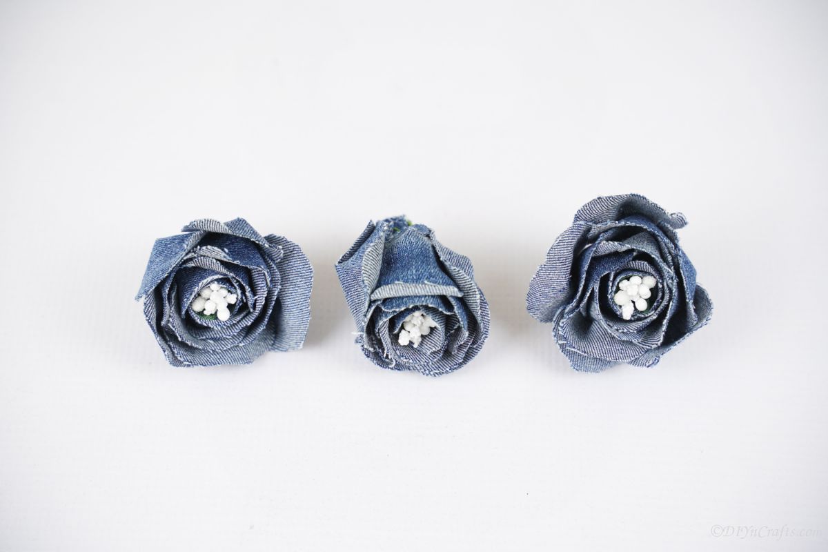 three denim and white roses on white table