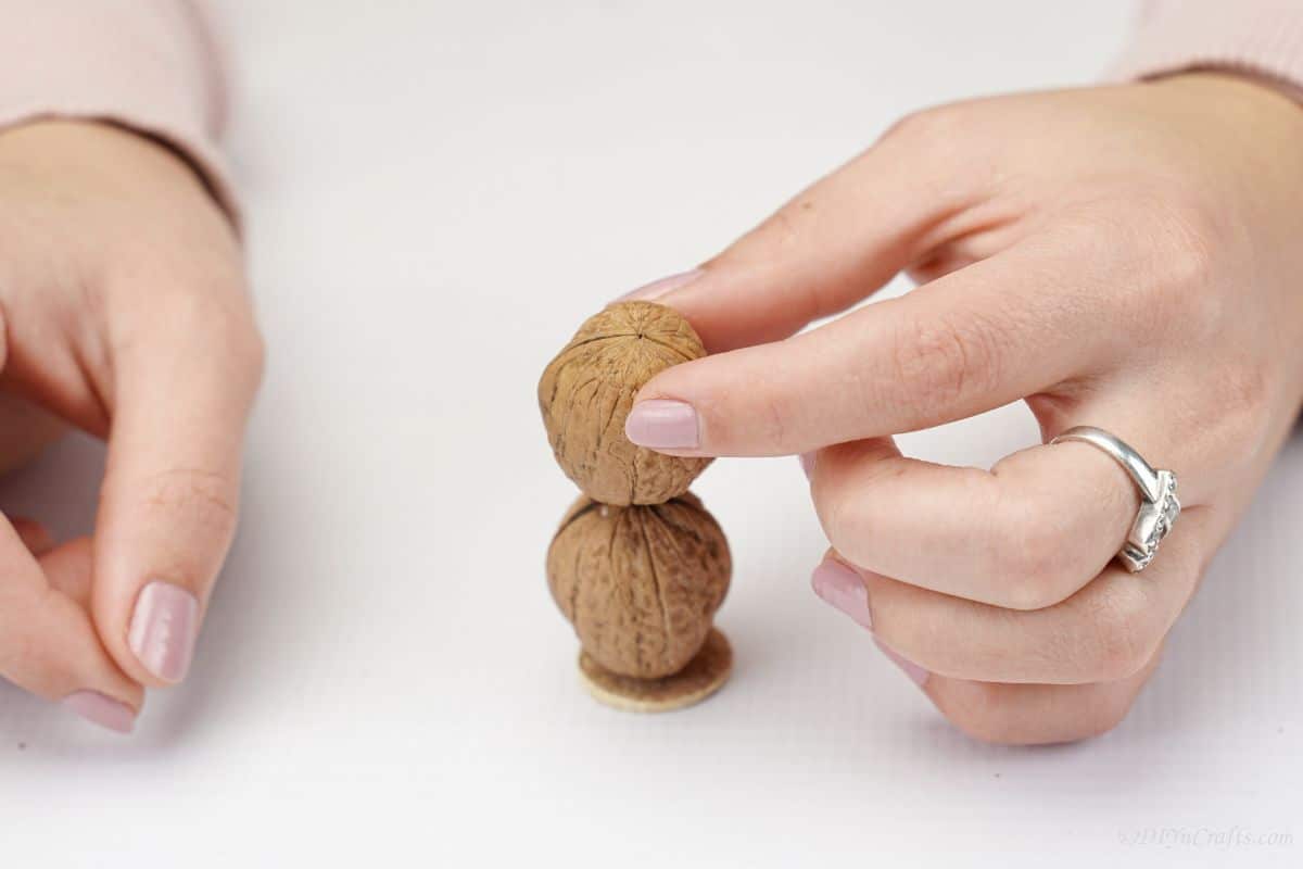 hand holding walnuts on top of cork