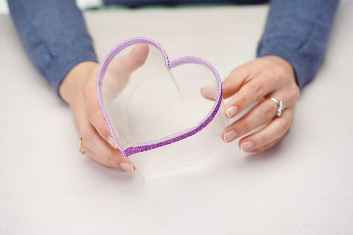 heart plastic box with purple glitter edge