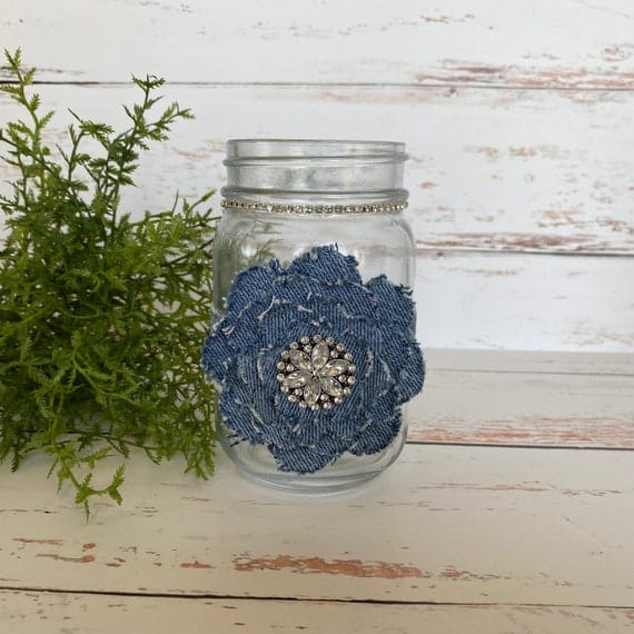 Denim Flower and Bling Mason Jar Candle/vase/organizer - Etsy