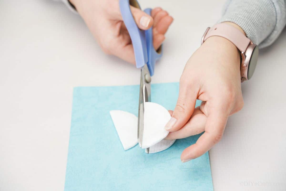 hand cutting white cotton pad in half with blue scissors