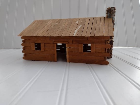 VINTAGE Popsicle Stick Cabin With Stone Chimney. Handmade - Etsy