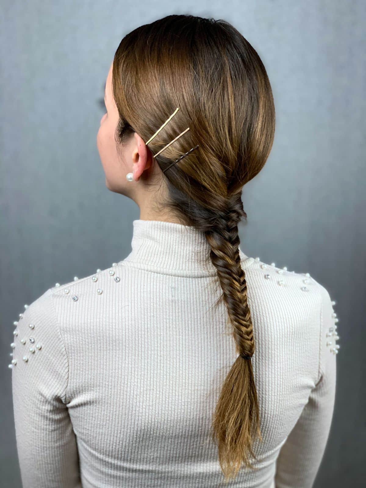 side and back of bobby pin hairstyle with braid