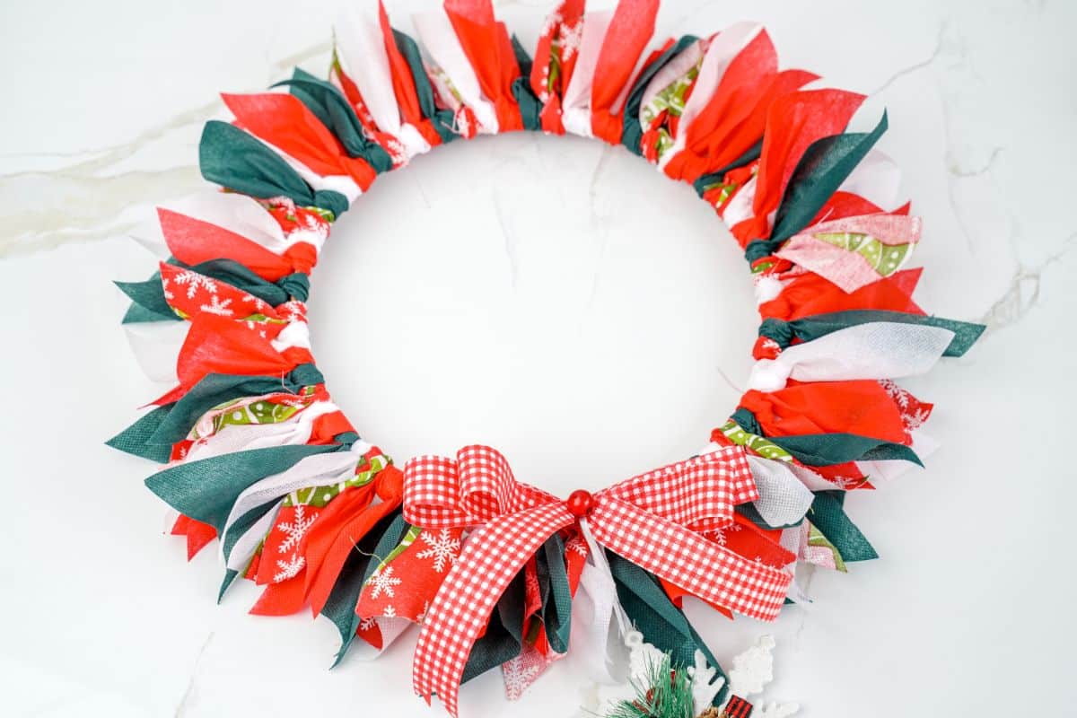 colorful ribbon rag wreath on marble table