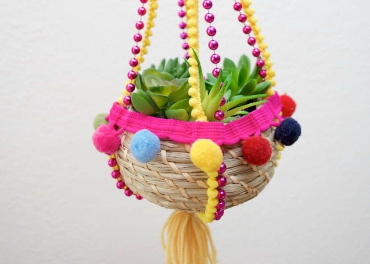 Boho Hanging Planter That Double as a Mardi Gras Bead Up-cycle