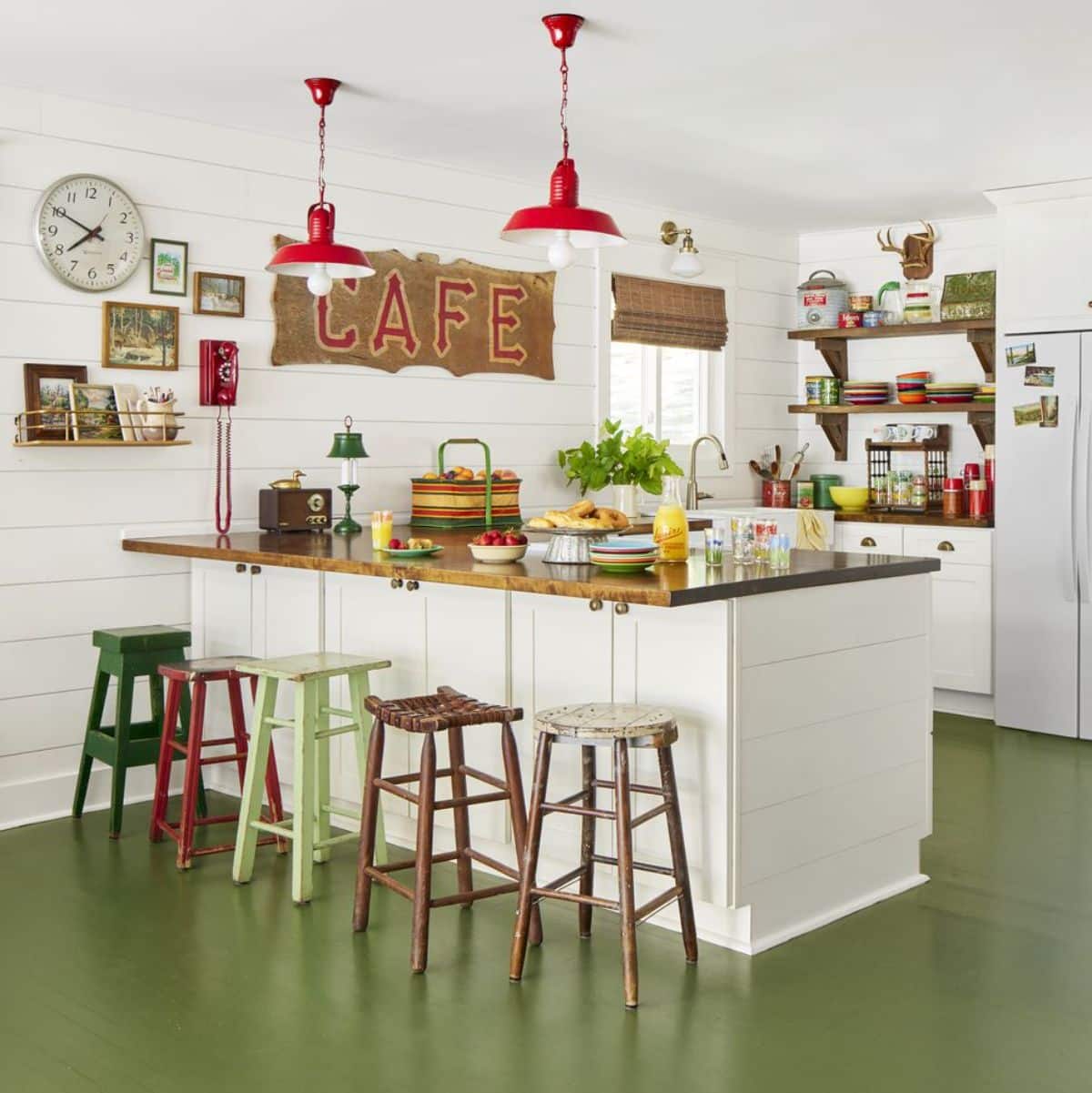 Green Painted Floors in Farmhouse Kitchen