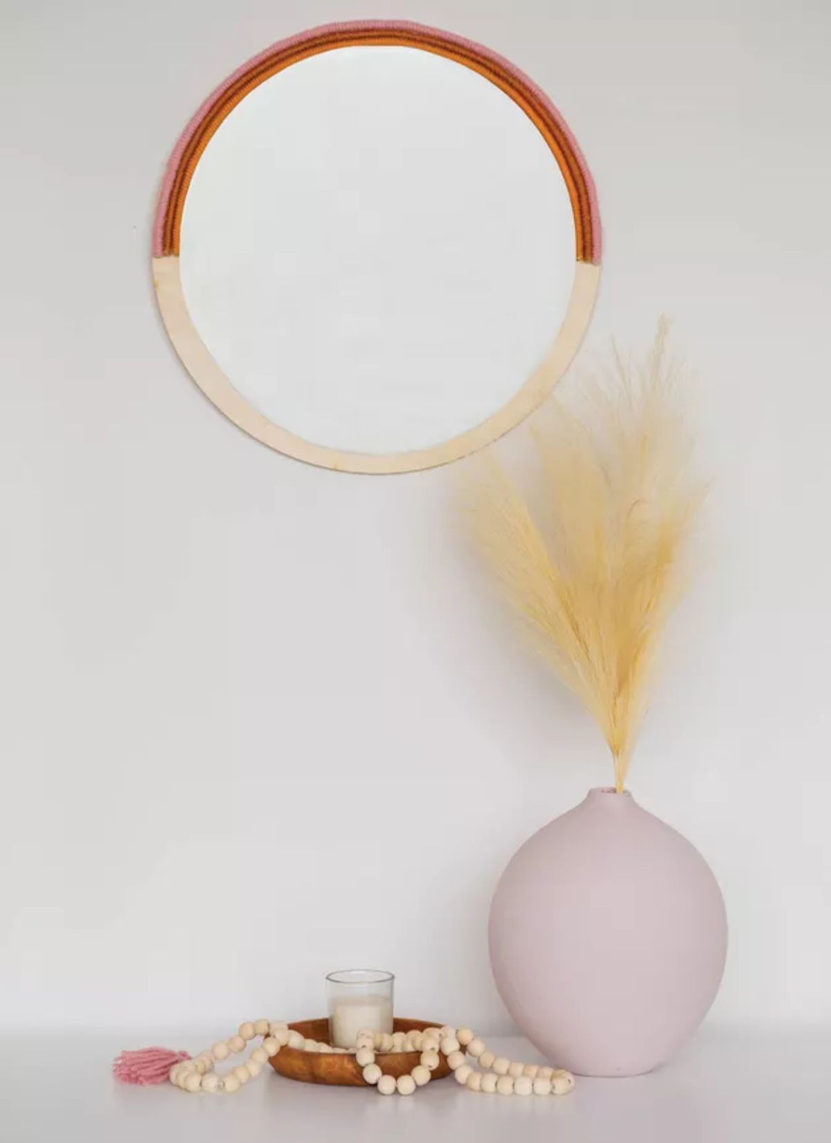 Wall Mirror Featuring Wood and Yarn
