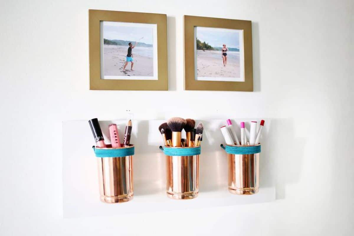 Leather + Copper Cup Organizer for Makeup Brushes and More