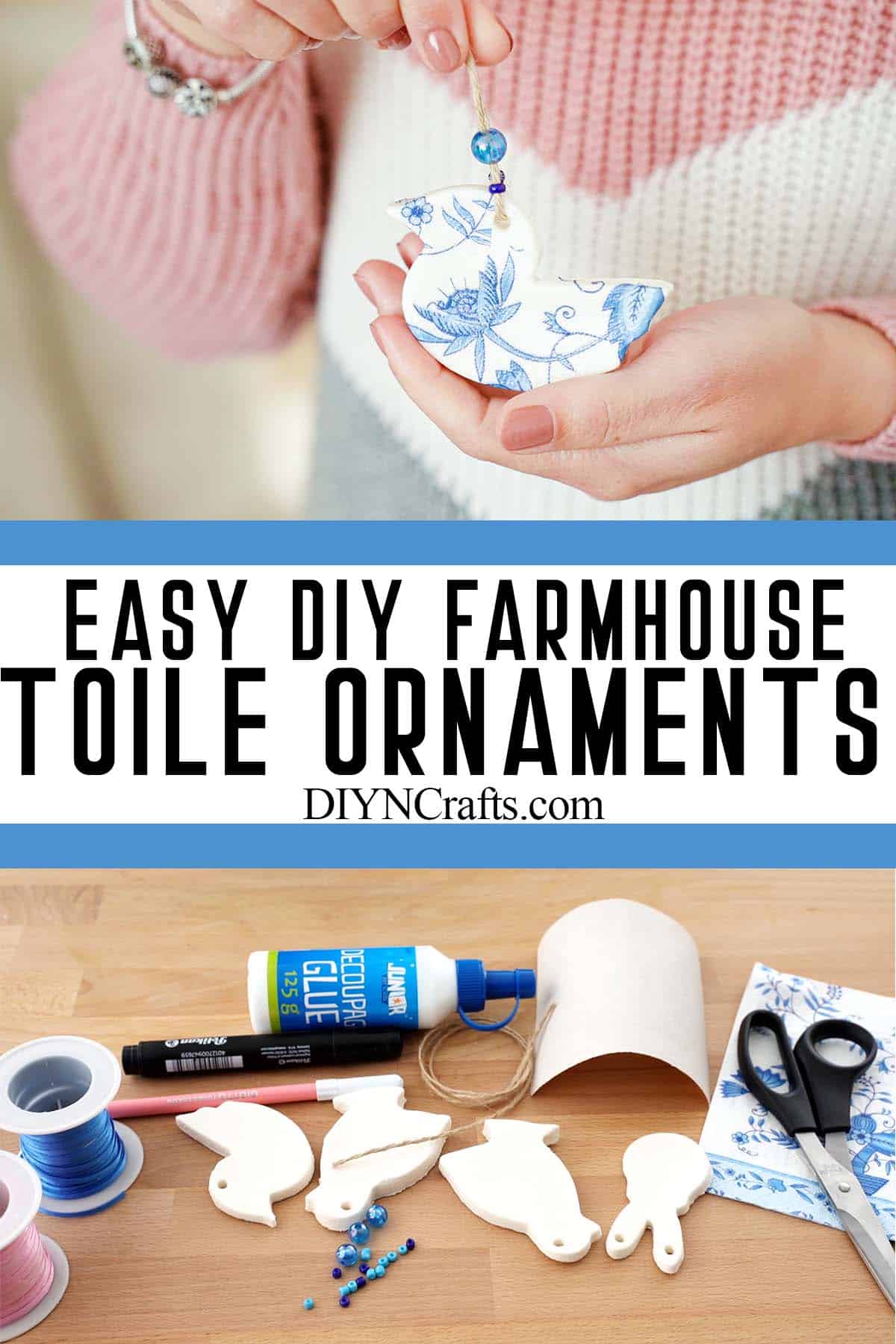 photo collage of easy diy christmas ornaments with text which reads easy diy farmhouse toile ornaments