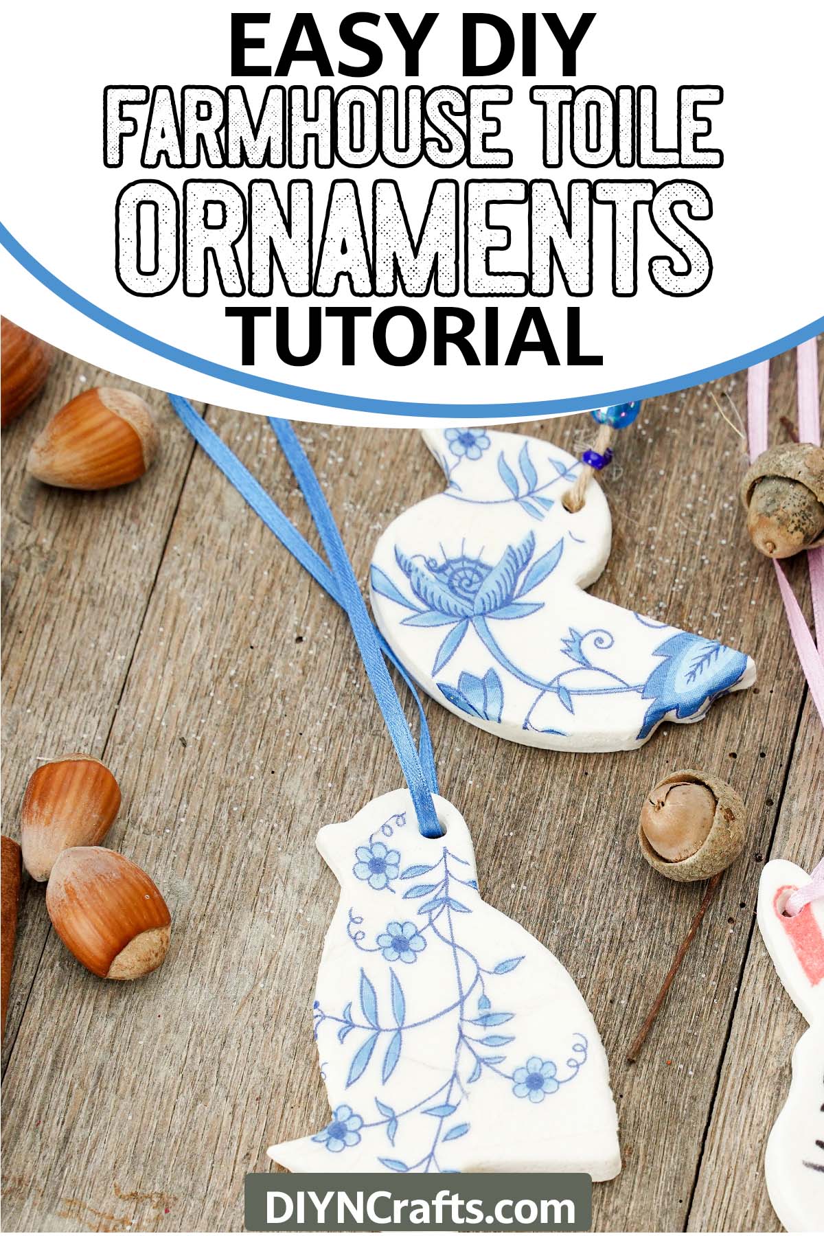 easy christmas ornaments with text which reads easy diy farmhouse toile ornaments tutorial