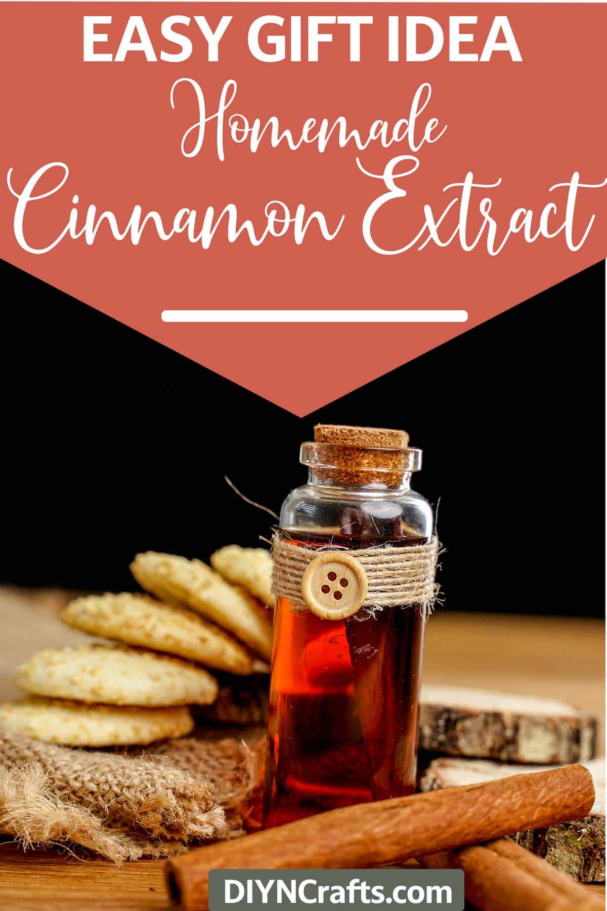 bottle of diy cinnamon extract with text which reads easy gift idea homemade cinnamon extract