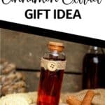bottle of diy cinnamon extract made at home with text which reads homemade cinnamon extract gift idea