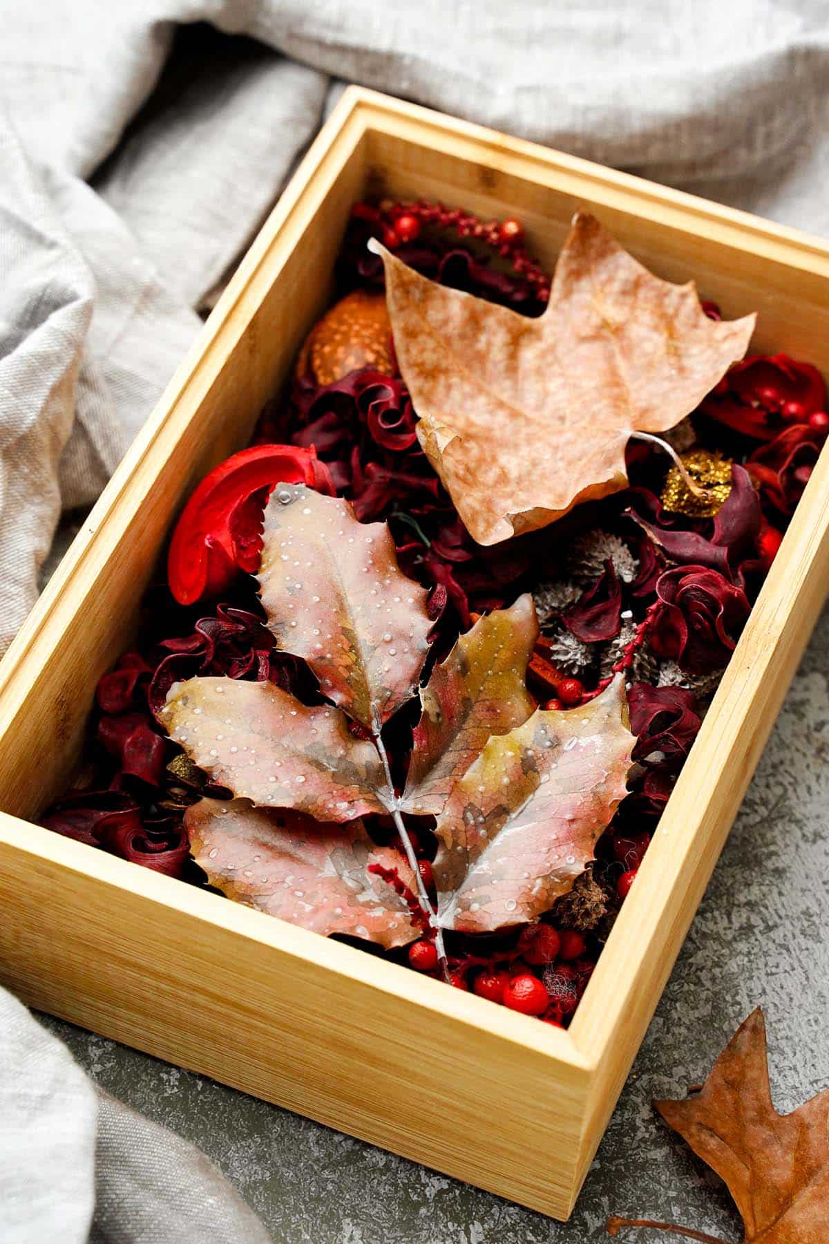 box of preserved fall leaves