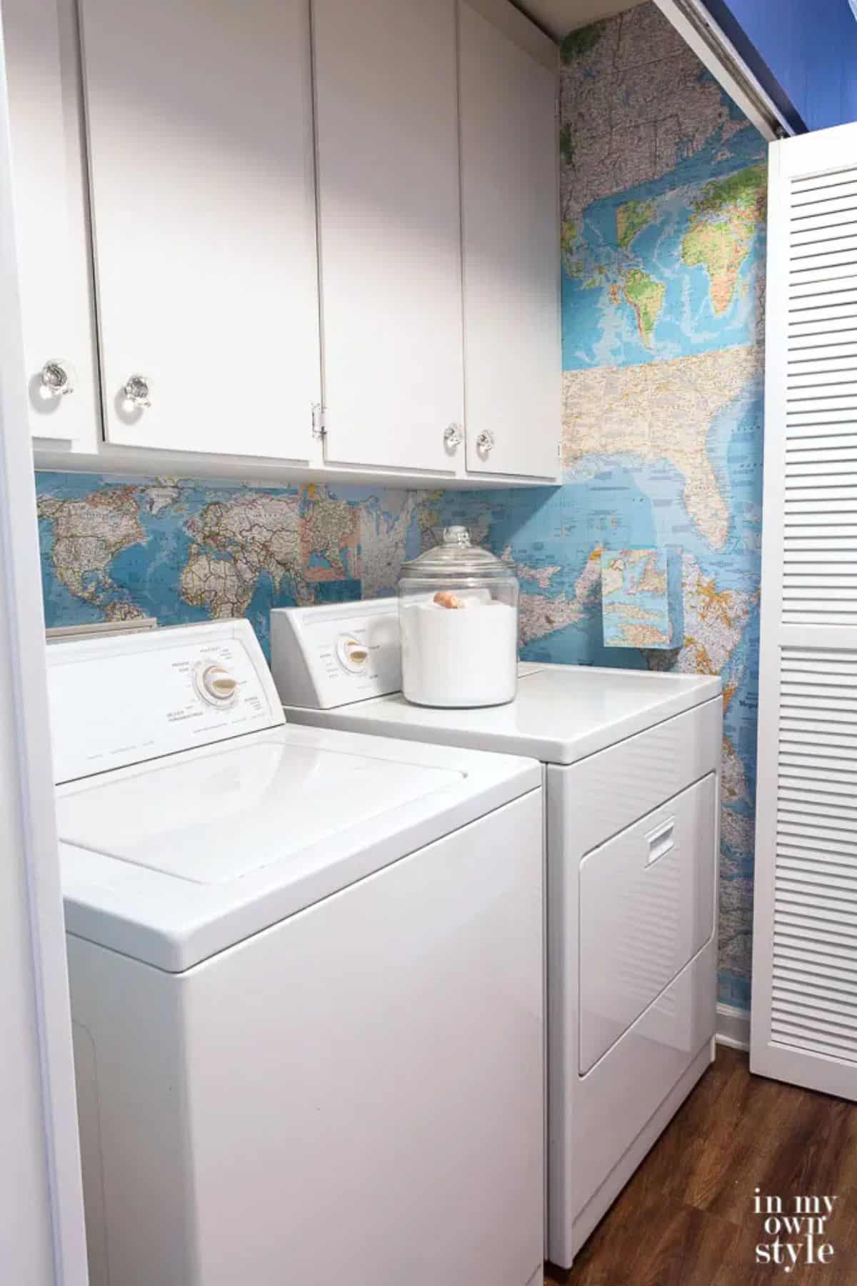 DIY Map Wallpaper in a Laundry Room
