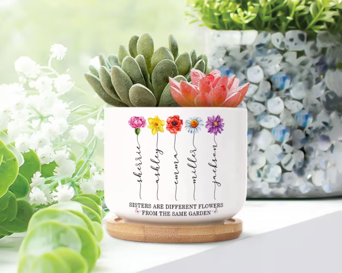 Personalized Birth Flower Sisters Plant Pot