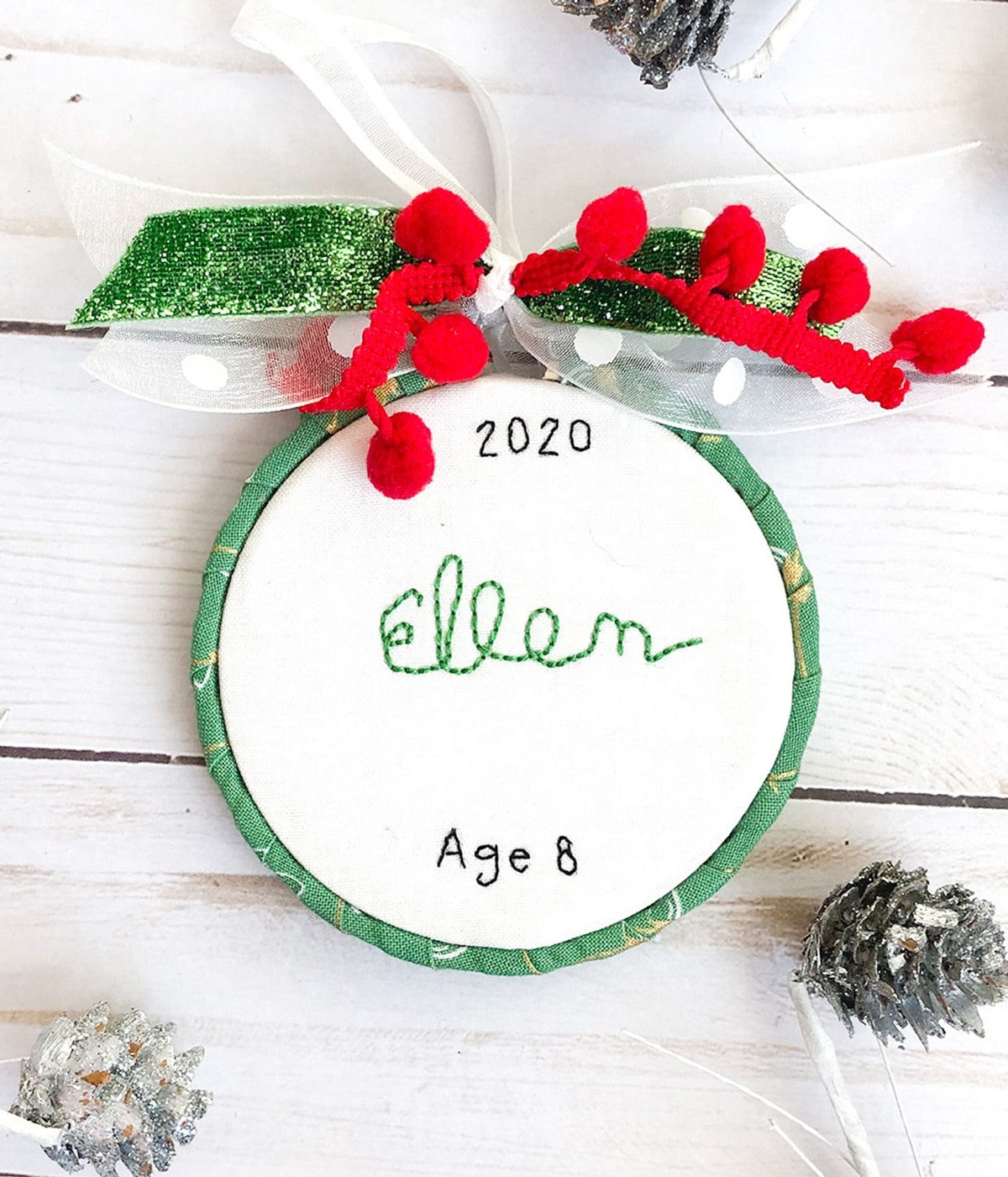 child’s handwriting hand embroidered christmas ornament