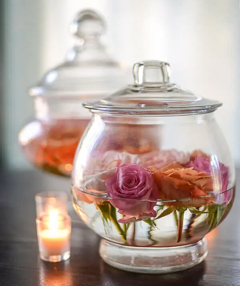 easy apothecary jar and rose floral arrangement