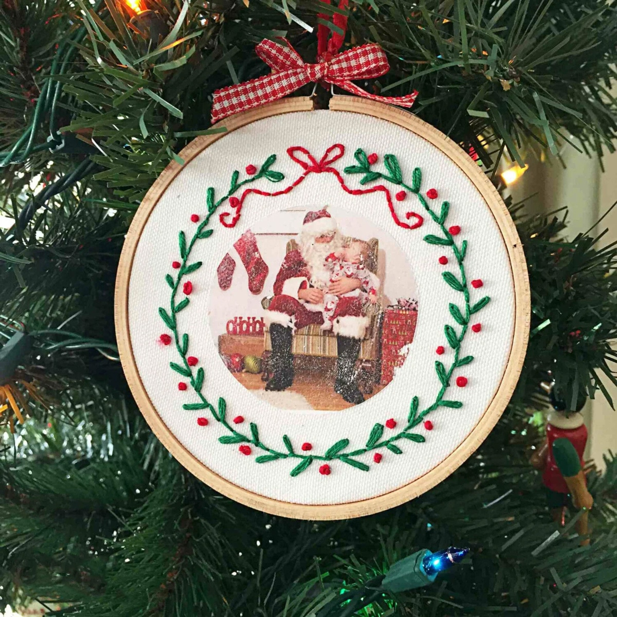 embroidered photo ornaments on the Christmas tree