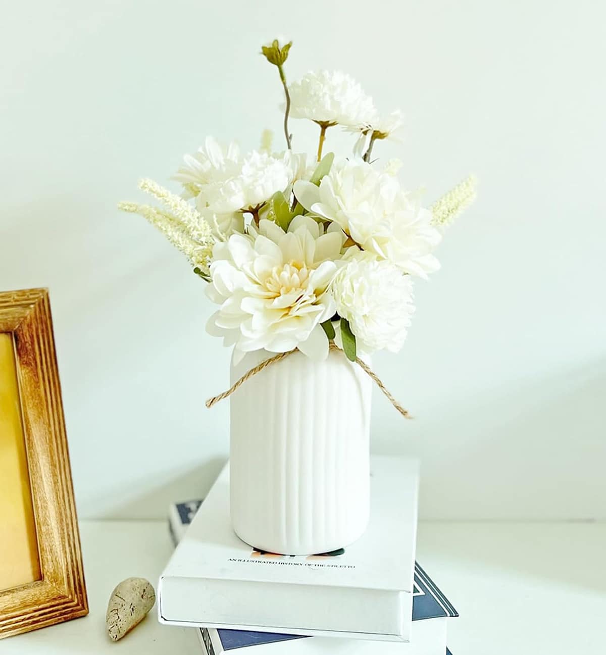 exquisite bouquet of artificial dahlias in chic white ceramic vase