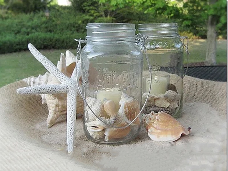 mason jar centerpiece and sea shells, starfish