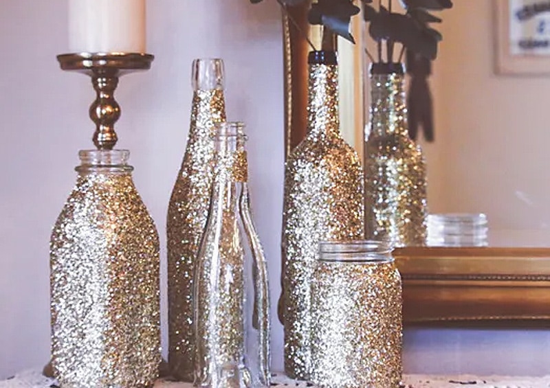 glittered wine bottles