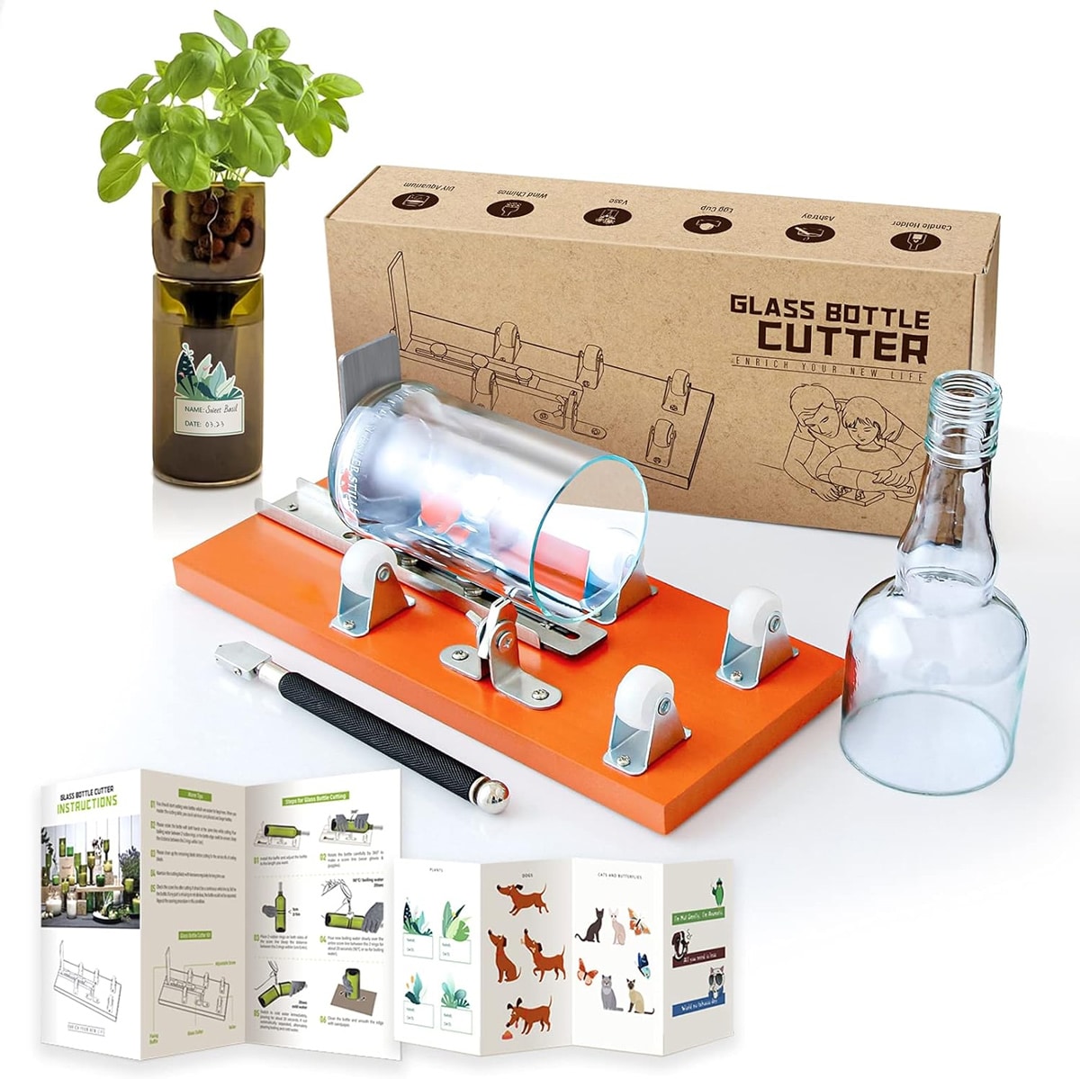 machine kit with accessories for cutting wine bottles