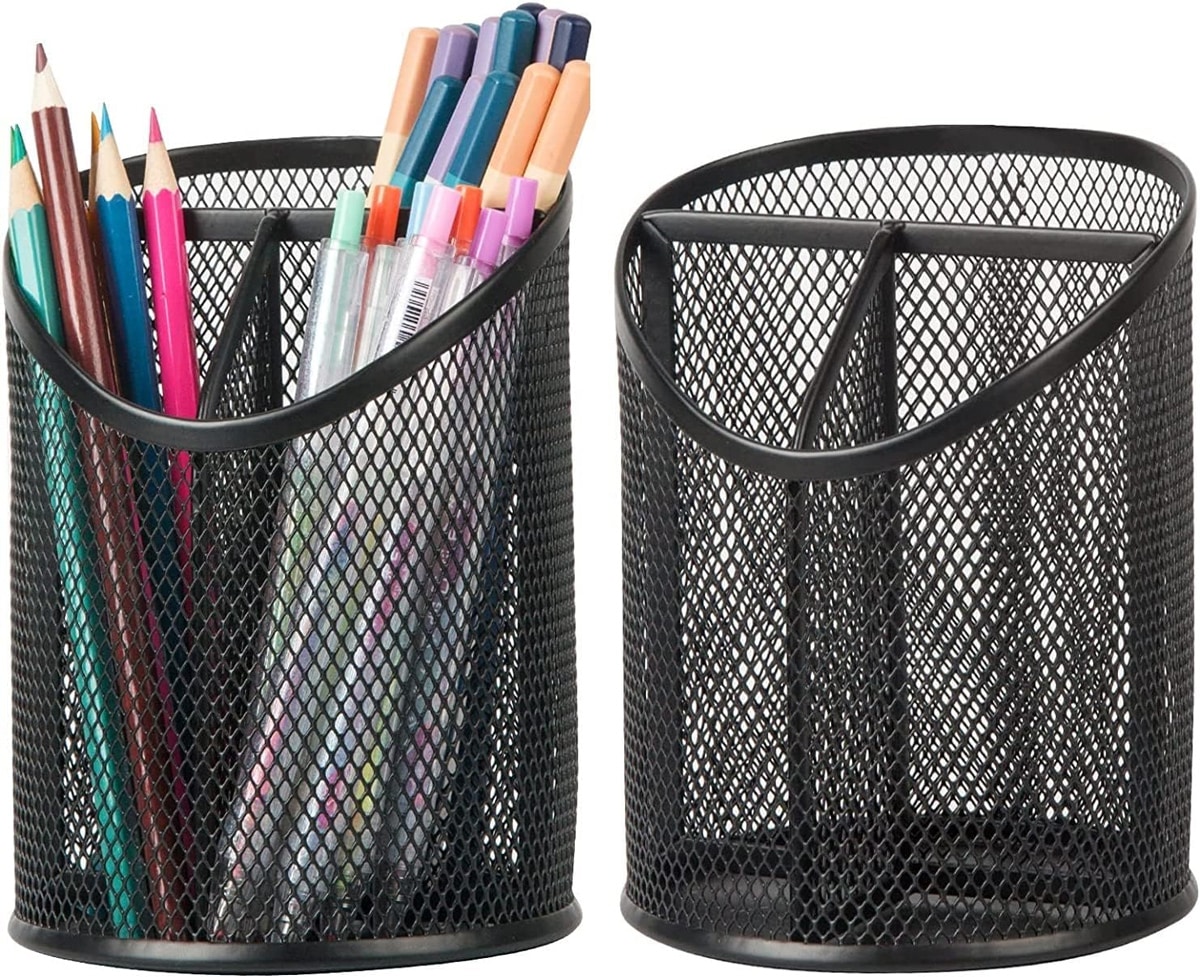 mesh round pencil holder with 3 compartments